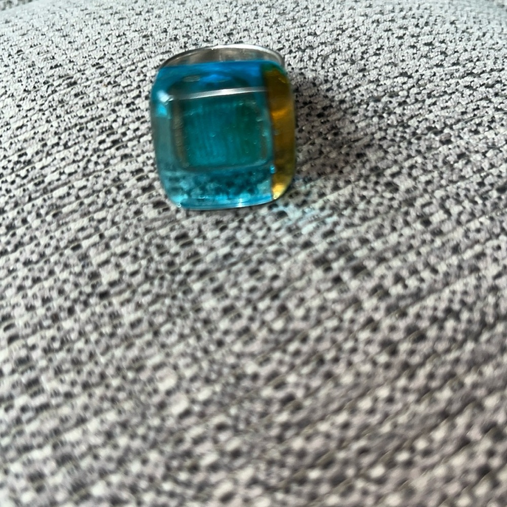 Blue Sterling  Silver Murano Glass large freeform ring sz 7 new